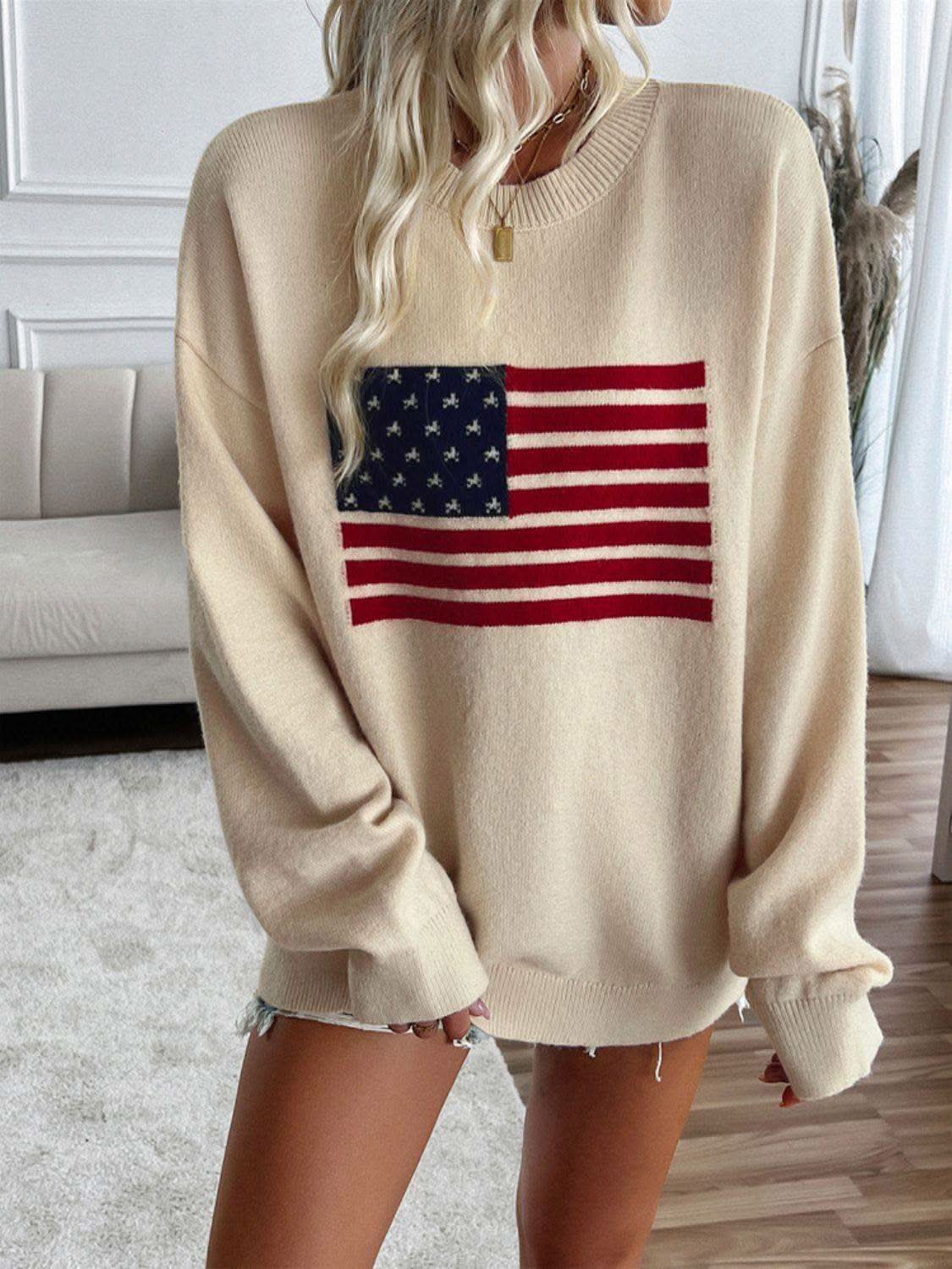 Devine US Flag Round Neck Long Sleeve Knit Top - SwagglyLife Home & Fashion Devine US Flag Round Neck Long Sleeve Knit Top - SwagglyLife Home & Fashion
