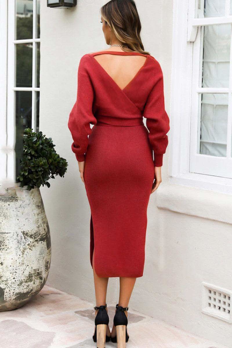 Surplice Neck Bow Waist Slit Sweater Dress in - Dresses photo