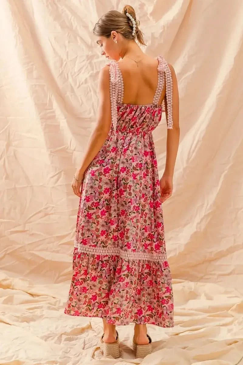 SO ME Floral Maxi Dress With Ribbon Tie Lace Strap in - photo
