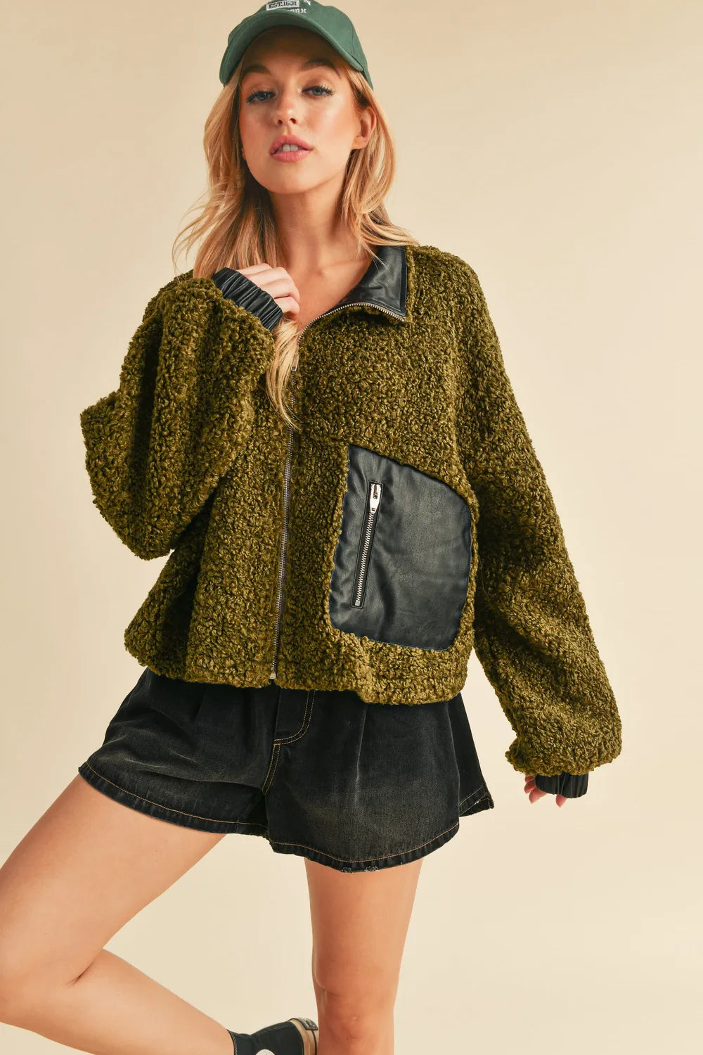 Aemi + Co Collared Neck Zip Up Sherpa Jacket in - photo