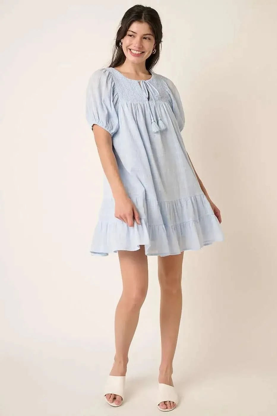 Mittoshop Tassel Tie Plaid Gauze Short Sleeve Mini Dress in - photo