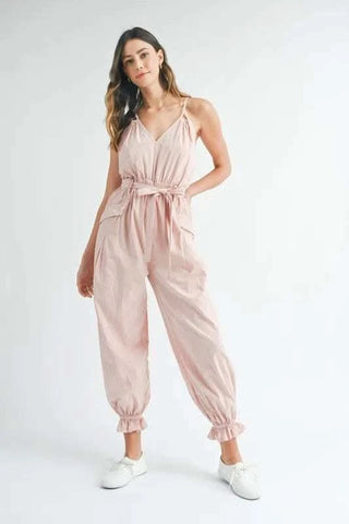 MABLE Washed Fabric Spaghetti Strap Waist Belted Jumpsuit - SwagglyLife Home & Fashion MABLE Washed Fabric Spaghetti Strap Waist Belted Jumpsuit - SwagglyLife Home & Fashion