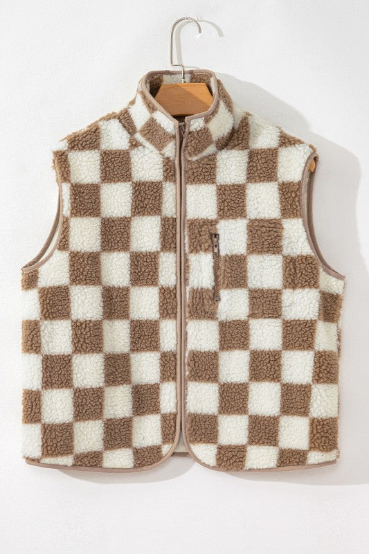 Checker Sherpa Collared Jacket Vest in - photo