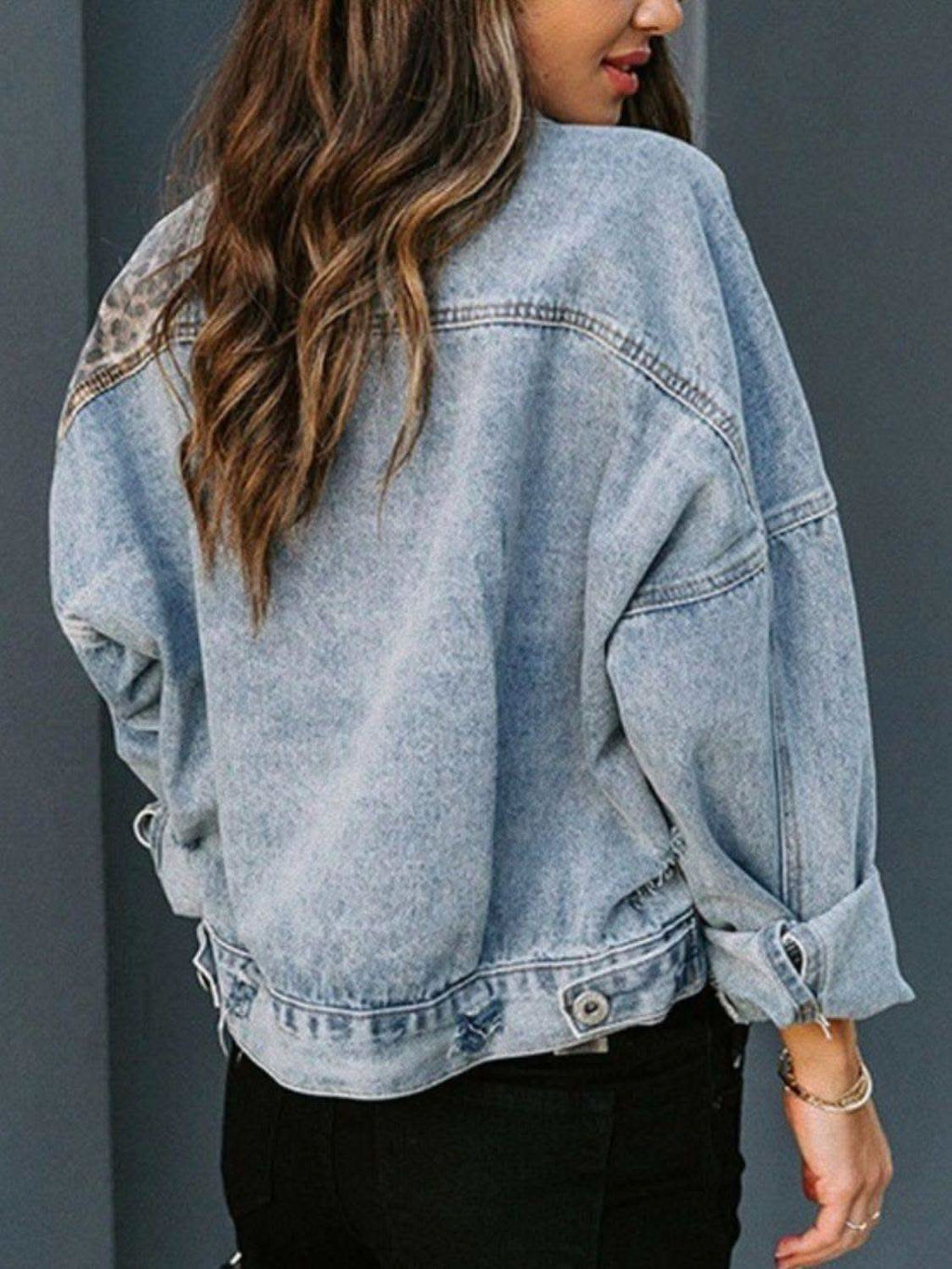 Distressed Leopard Drop Shoulder Denim Jacket in - Coats & Jackets photo