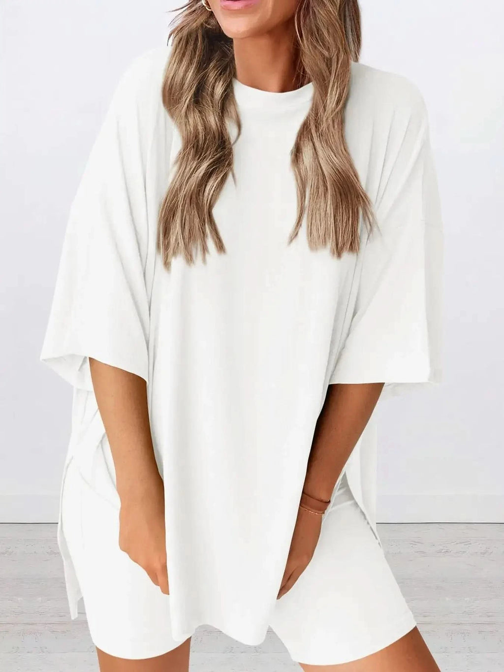 Full Size Oversized Slit Round Neck Top and Shorts Lounge Set Plus Size in White - photo