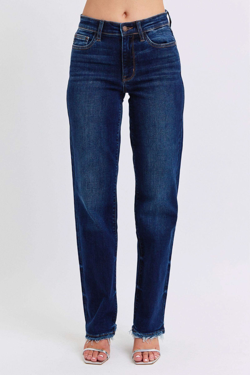 Judy Blue Full Size Raw Hem Straight Leg Jeans in Dark - Jeans photo