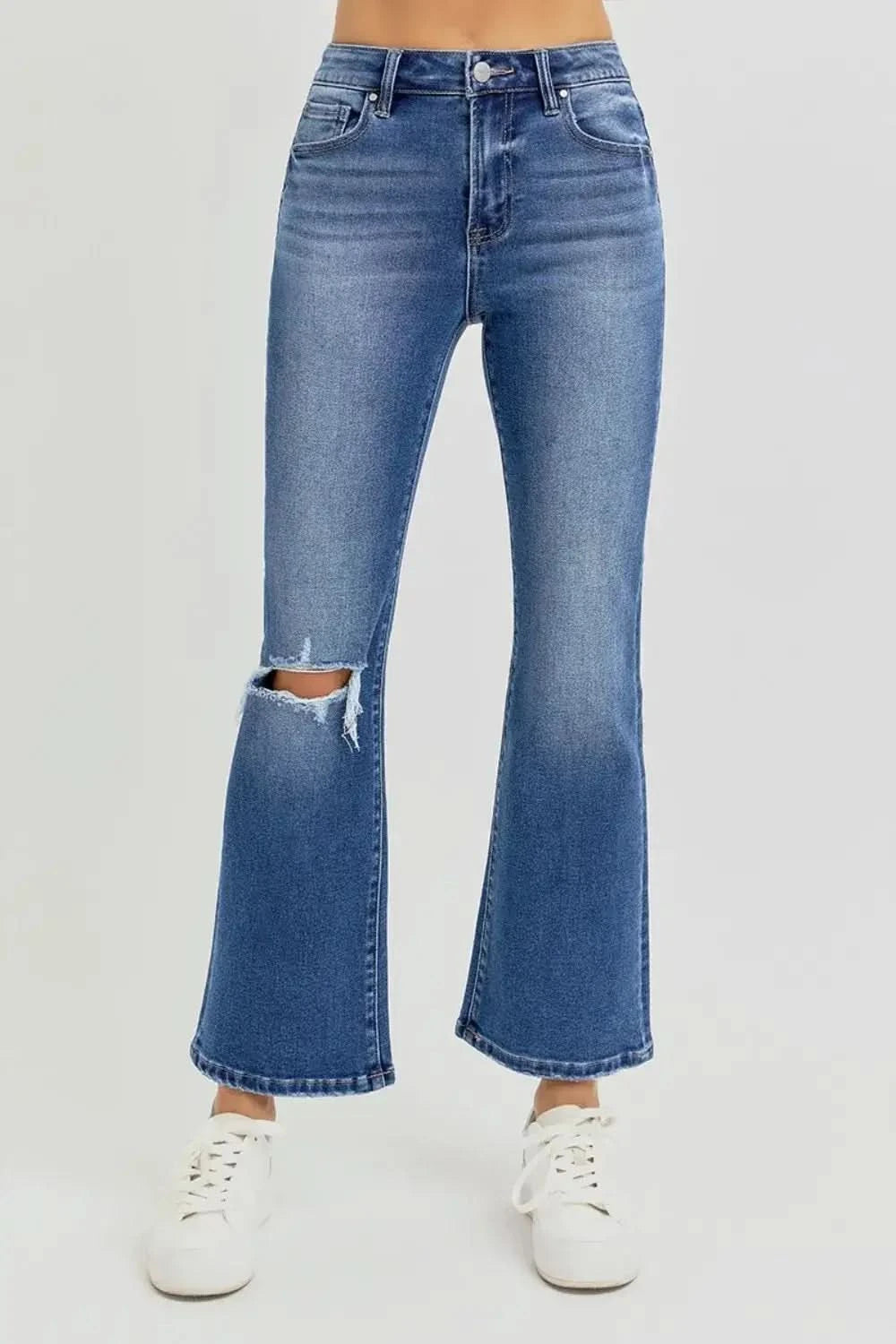 RISEN Full Size Distressed High Rise Crop Flare Jeans in - photo