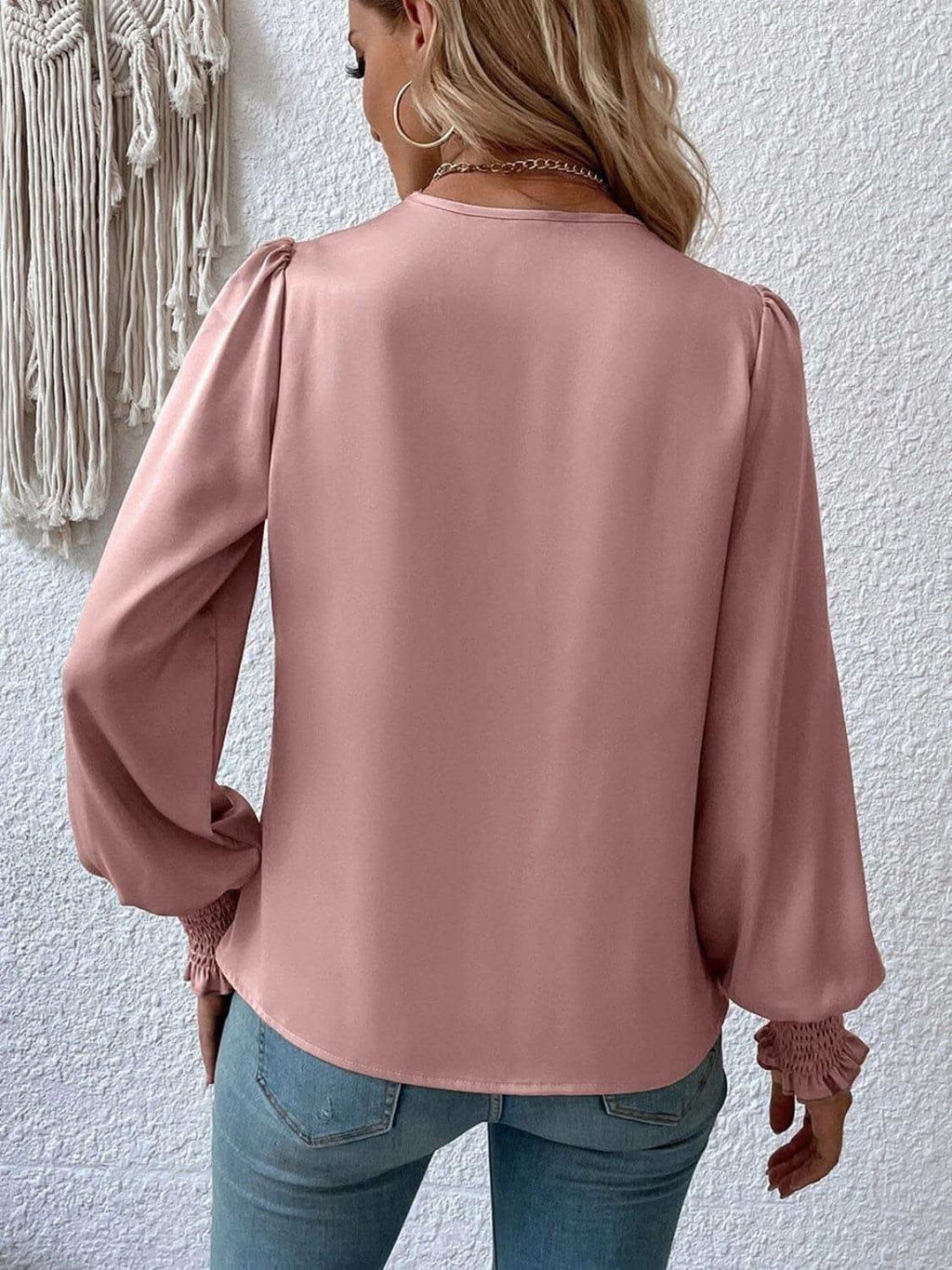 Surplice Smocked Lantern Sleeve Blouse - SwagglyLife Home & Fashion