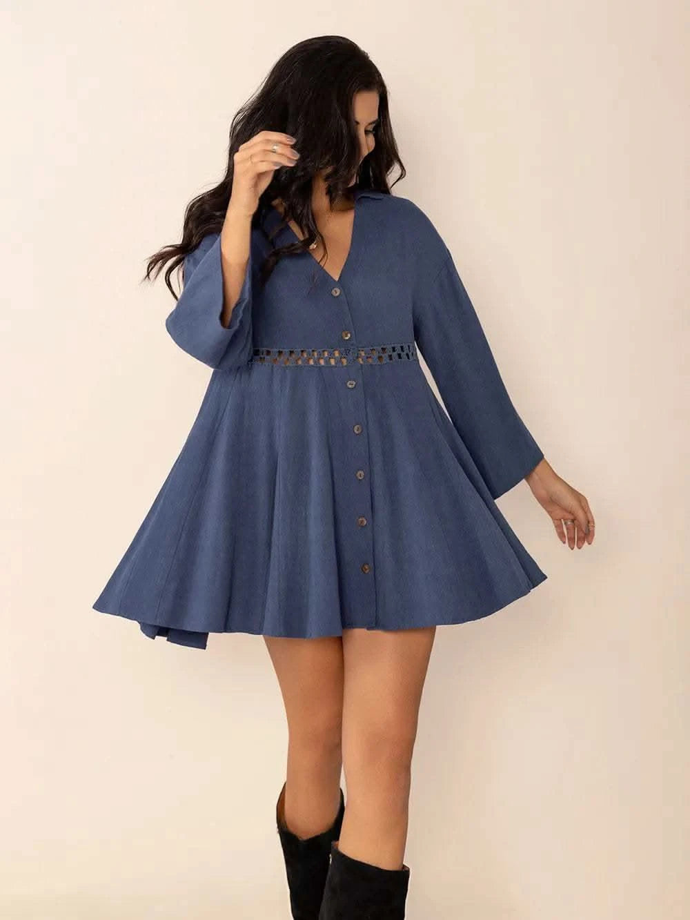 Cutout Johnny Collar Long Sleeve Mini Dress in Dusty Blue - photo