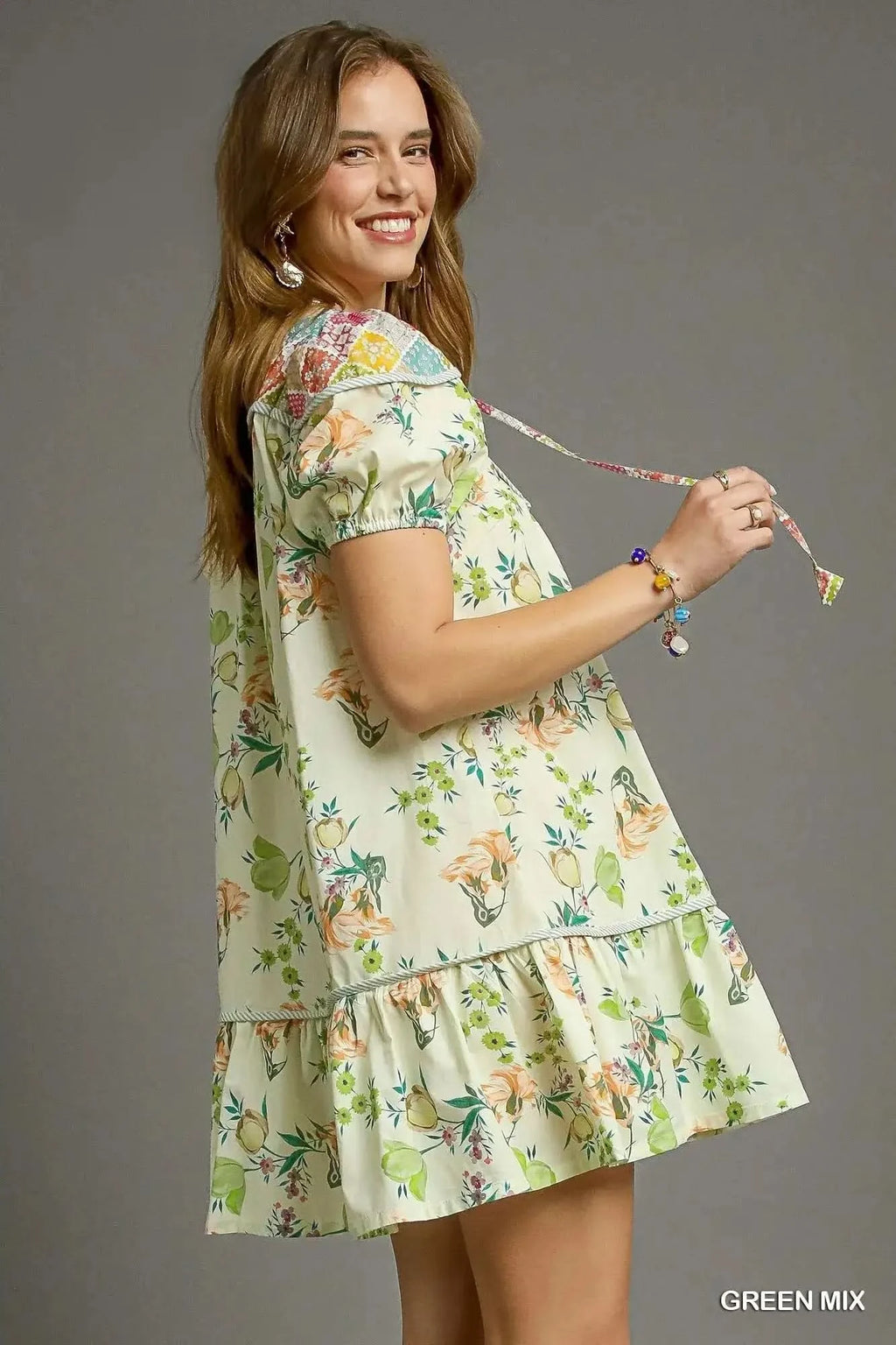 Umgee Floral Print Tie Neck Puff Sleeve Dress in - photo