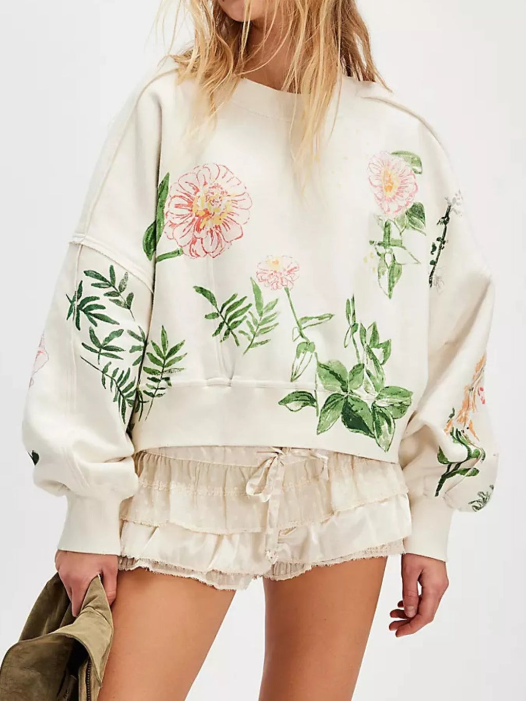 Printed Round Neck Dropped Shoulder Sweatshirt in White - photo