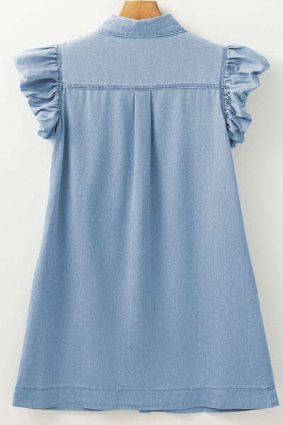 Smocked Collared Neck Cap Sleeve Denim Dress - SwagglyLife Home & Fashion