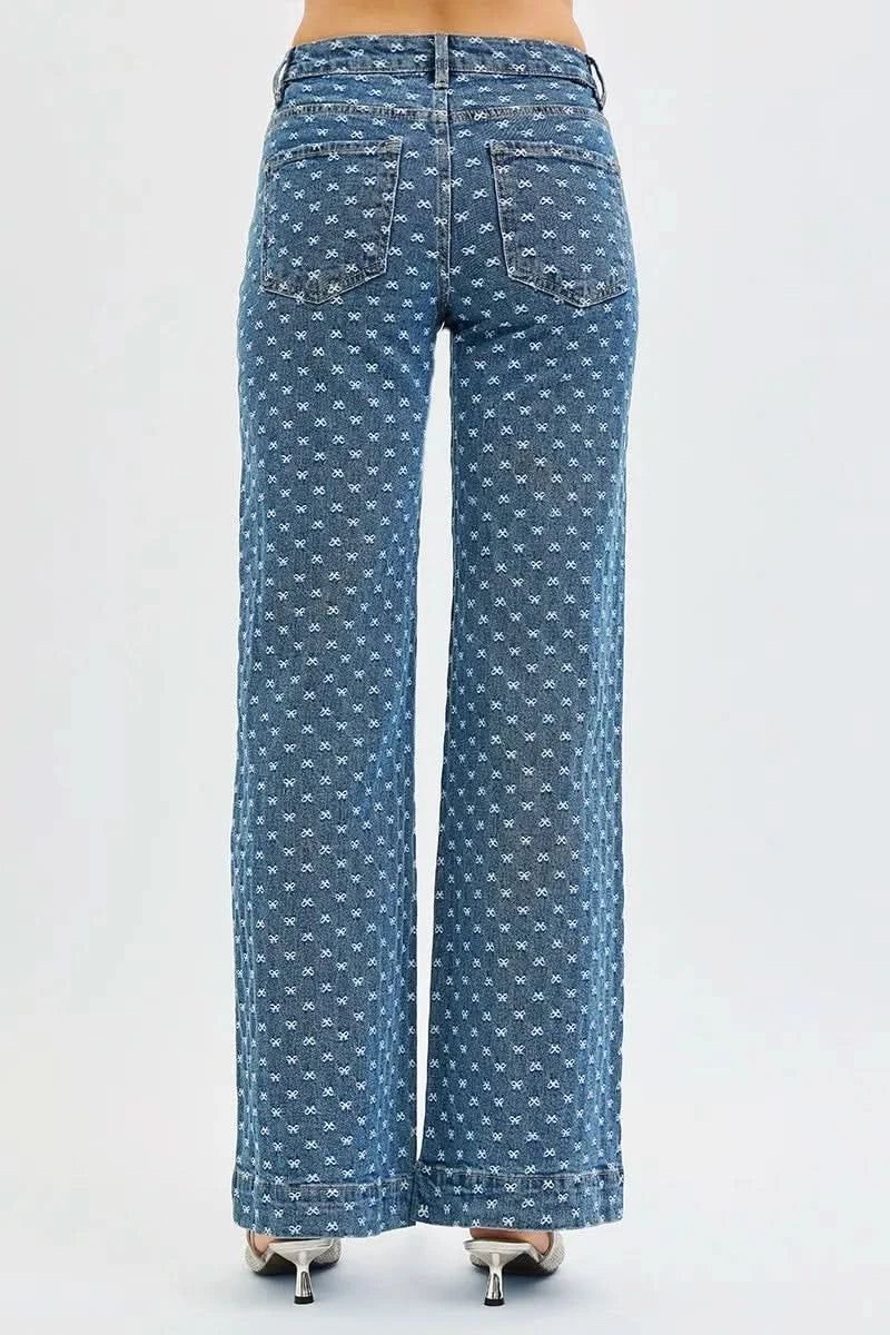 RISEN High Rise Wide Leg Bow Embroidered Jeans in - photo