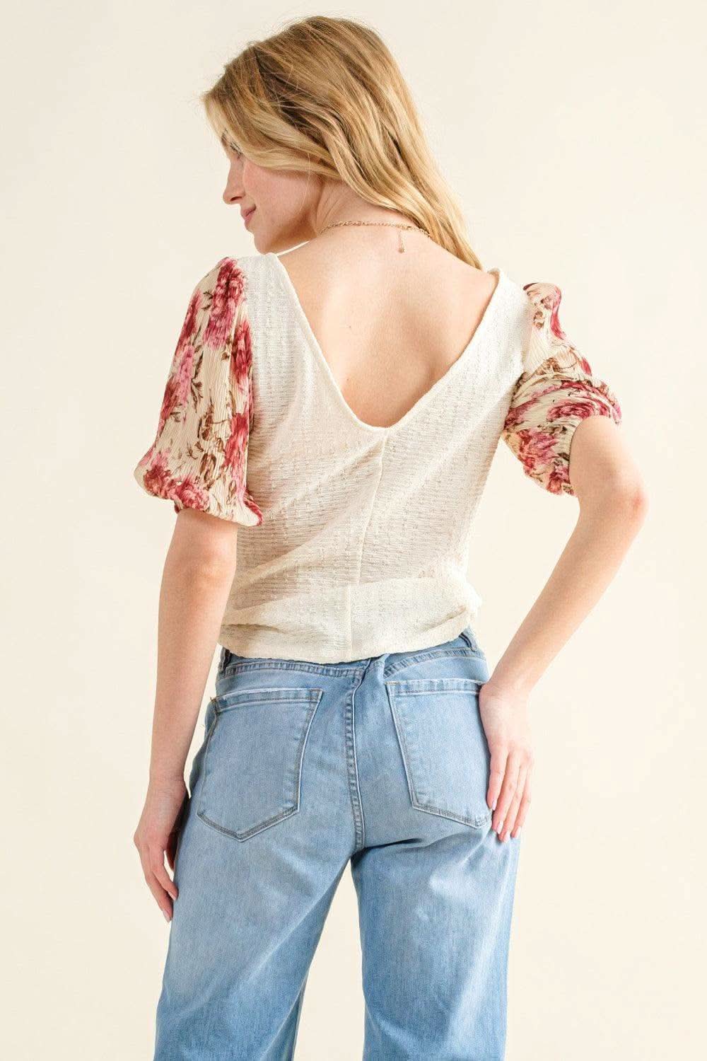 And The Why Full Size Floral Print Textured Sleeve Knit Top in - photo