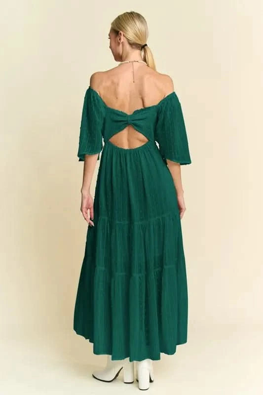 Davi & Dani Swiss Dotted Ruched Ruffle Open Back Midi Dress in - photo