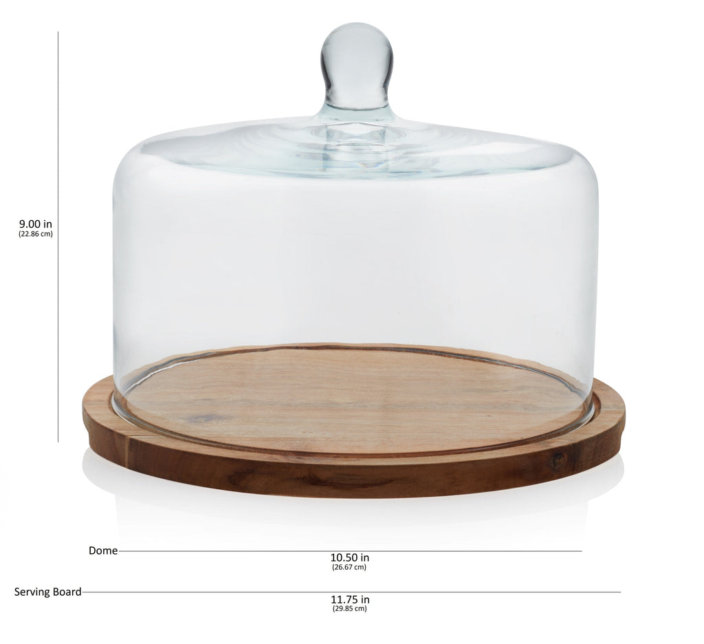 Libbey Acaciawood Flat Round Wood Server Cake Stand with Glass Dome in - Serveware photo