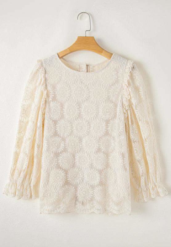 Flower Jacquard Flounce Sleeve Blouse - SwagglyLife Home & Fashion
