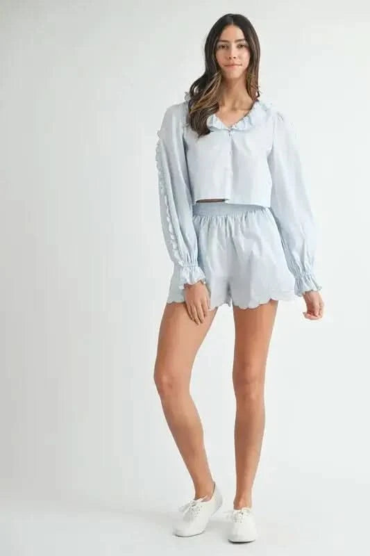 MABLE Long Sleeve Scallop Blouse and Shorts Set in - photo