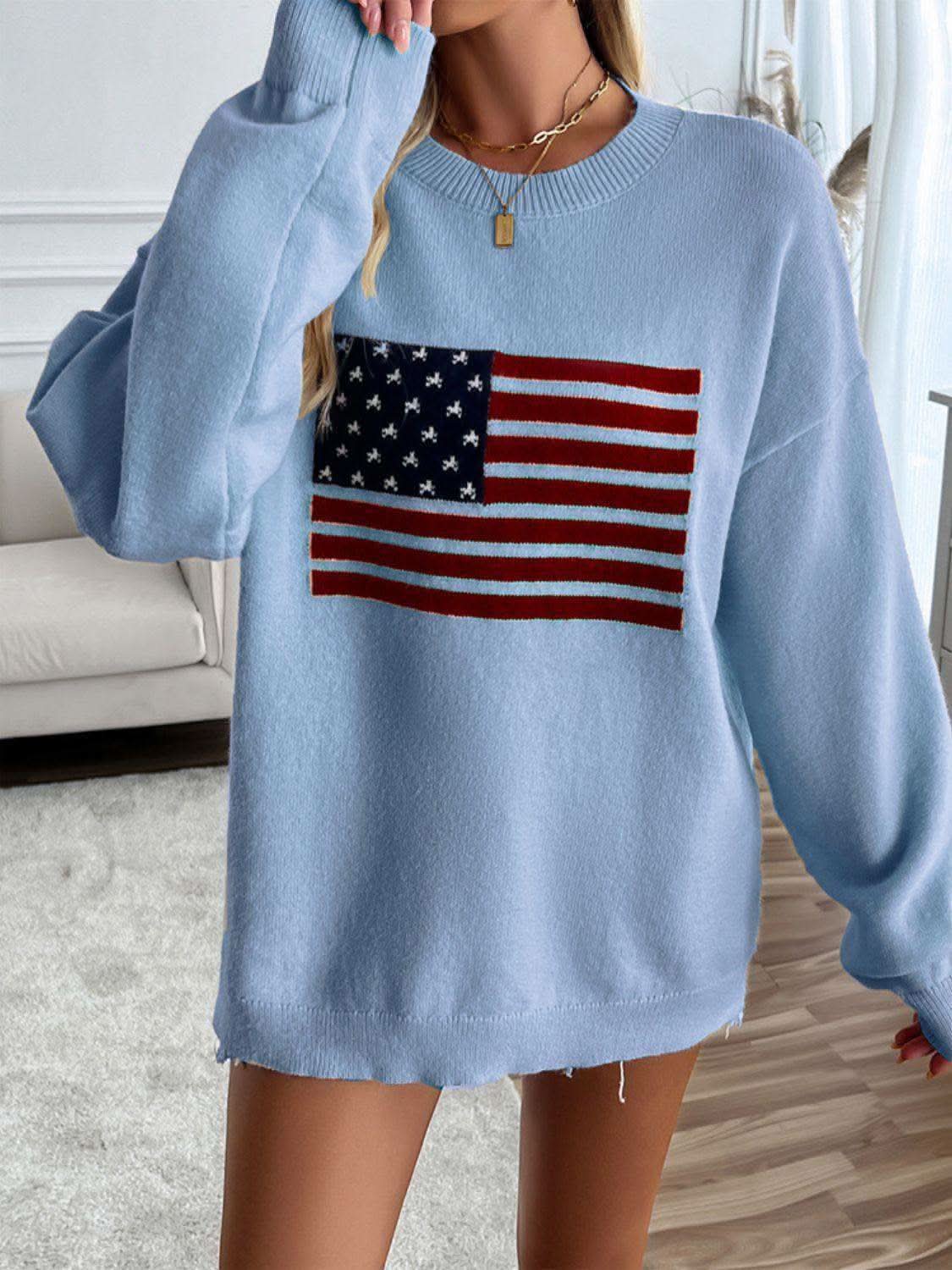 Devine US Flag Round Neck Long Sleeve Knit Top - SwagglyLife Home & Fashion Devine US Flag Round Neck Long Sleeve Knit Top - SwagglyLife Home & Fashion