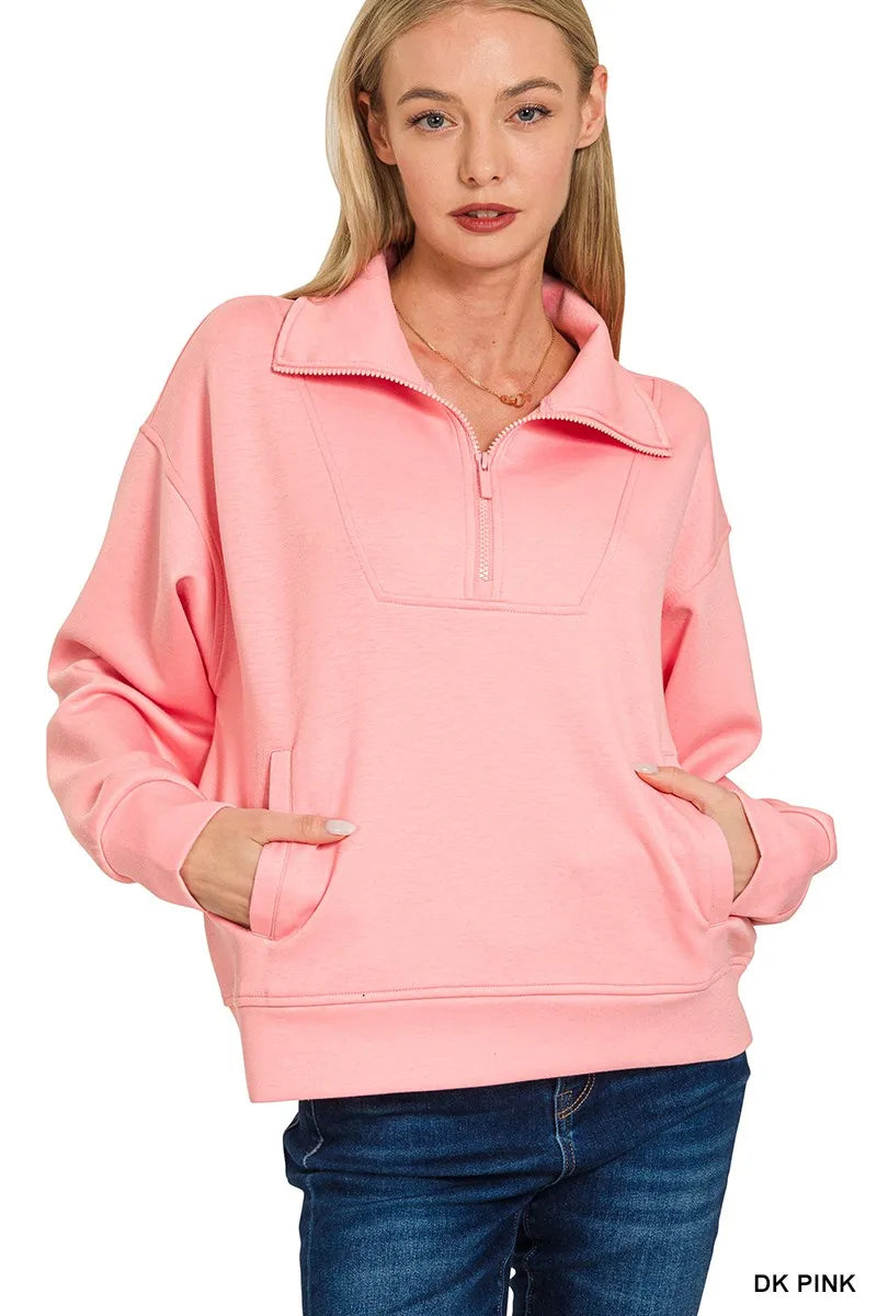 Zenana Scuba Half Zip Sweatshirt with Pockets - SwagglyLife Home & Fashion Zenana Scuba Half Zip Sweatshirt with Pockets - SwagglyLife Home & Fashion