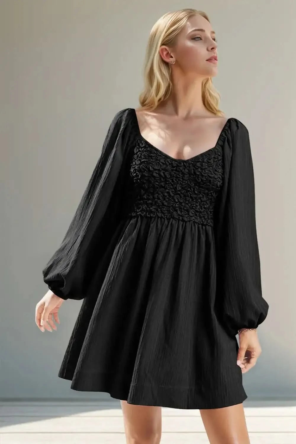 Double Take Texture Smocked Balloon Sleeve Mini Dress in Black - photo