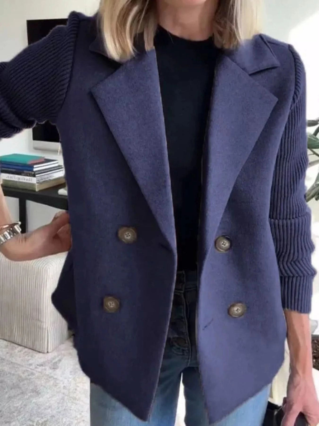 Knit Sleeve Double-Breasted Outerwear in Dark Blue - photo