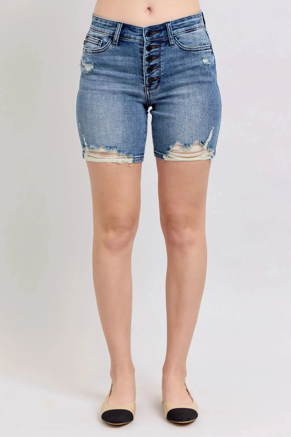 Judy Blue Button Fly Mid Length Denim Shorts W/ Destroy in - photo