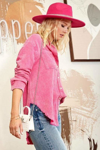 Washing Wrinkled Gauze Button Down Shirt With Rough Edge - SwagglyLife Home & Fashion Washing Wrinkled Gauze Button Down Shirt With Rough Edge - SwagglyLife Home & Fashion