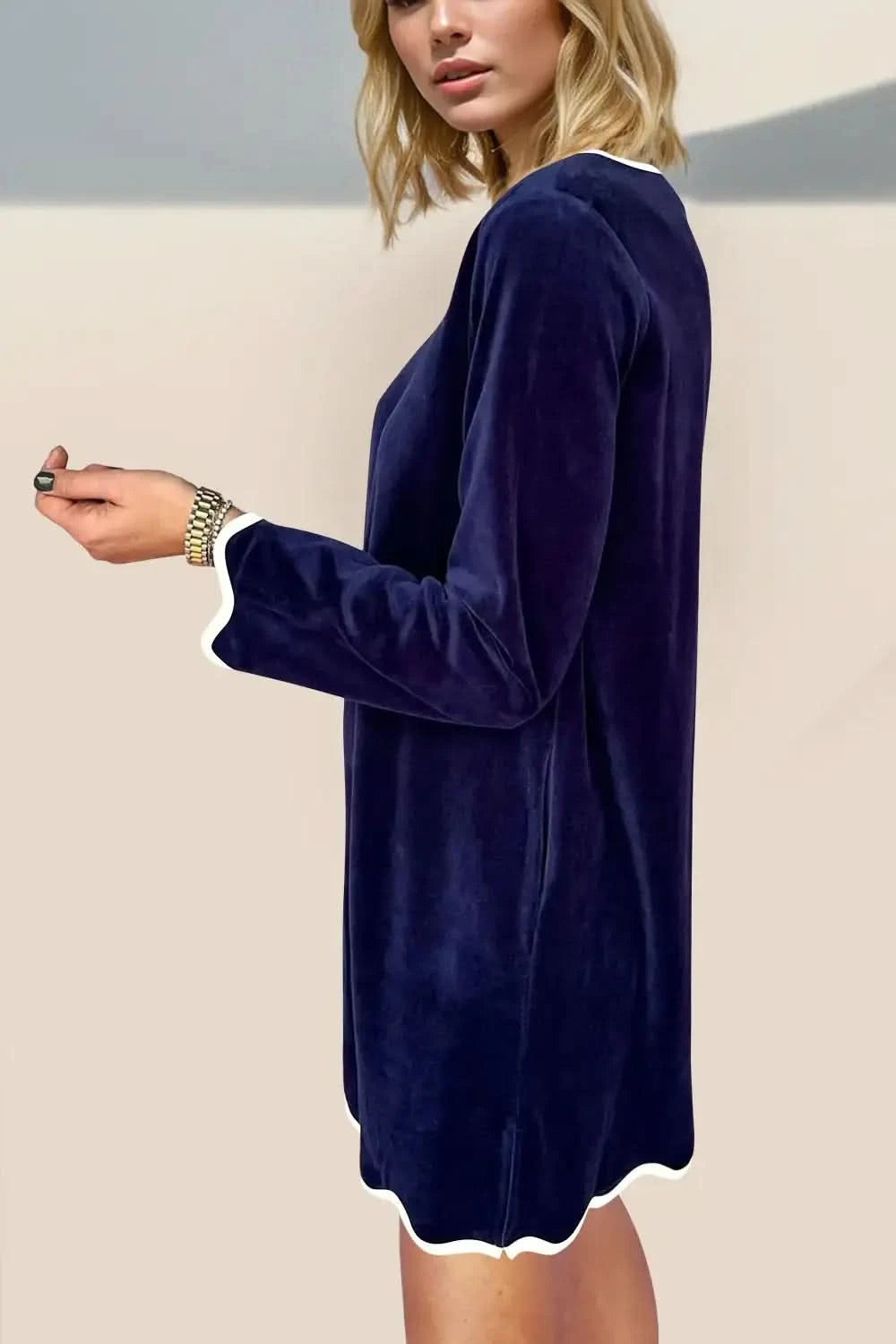 Double Take Wave Contrast Trim V-Neck Zip Up Long Sleeve Mini Dress in - photo