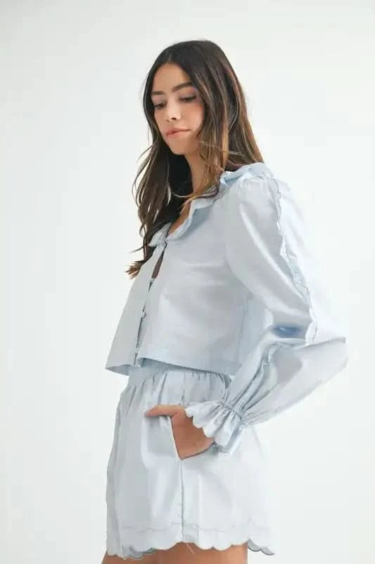MABLE Long Sleeve Scallop Blouse and Shorts Set in - photo