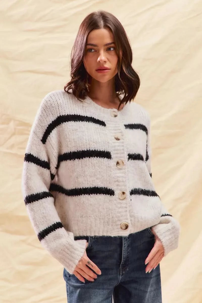 SO ME Stripe Soft Touch Button Cozy Sweater Cardigan in MELANGE BLACK - photo