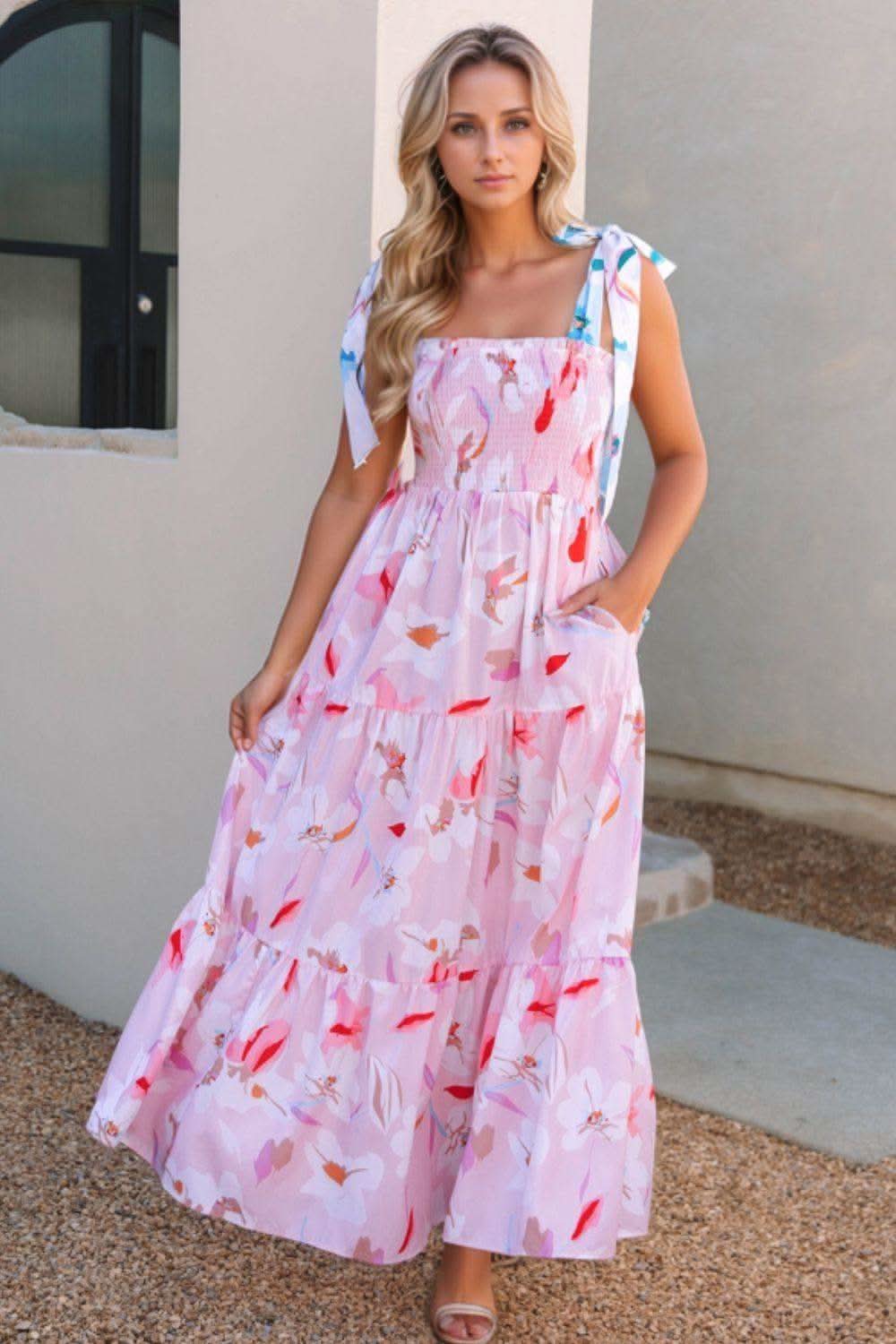 Floral Print Knotted Shoulder Smocked Maxi Dress in Blush Pink - Dresses photo