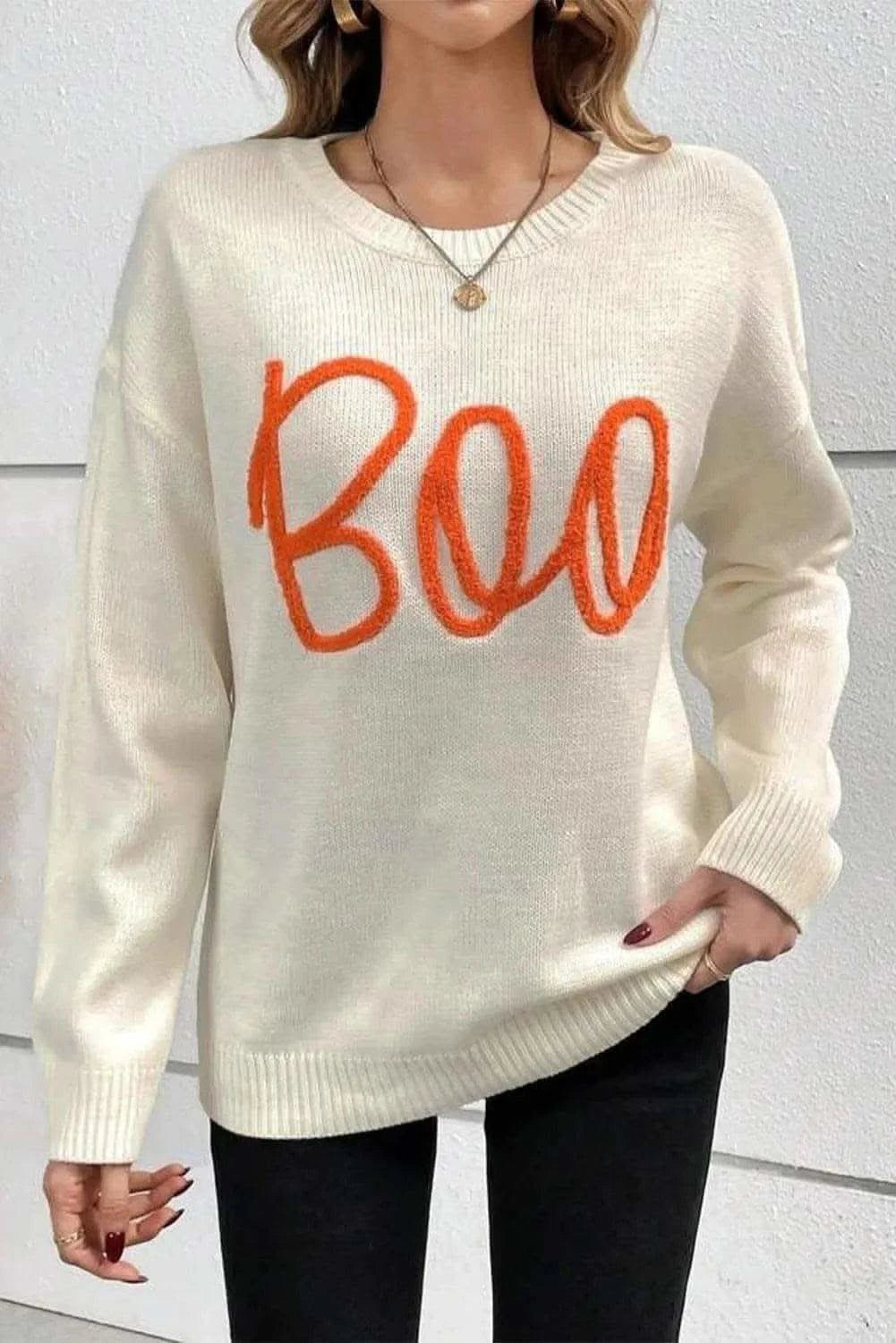 BOO Round Neck Long Sleeve Sweater - SwagglyLife Home & Fashion BOO Round Neck Long Sleeve Sweater - SwagglyLife Home & Fashion