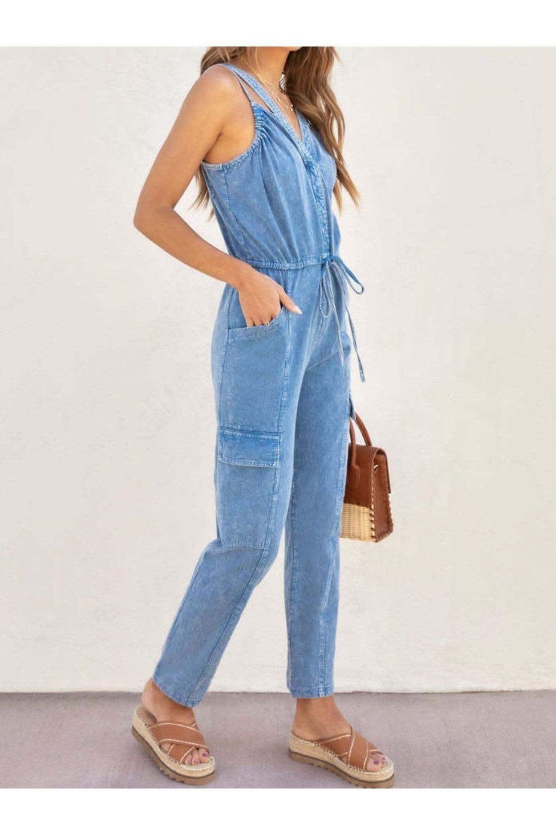 Daisy V-Neck Sleeveless Denim Jumpsuit - SwagglyLife Home & Fashion Daisy V-Neck Sleeveless Denim Jumpsuit - SwagglyLife Home & Fashion