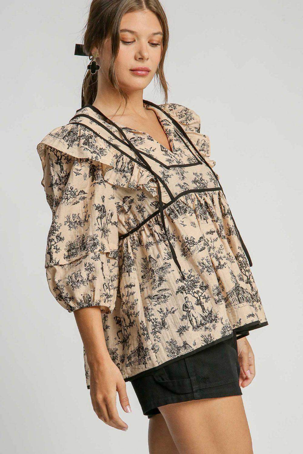 Umgee Ruffled Tie Neck Puff Sleeve Babydoll Blouse - SwagglyLife Home & Fashion