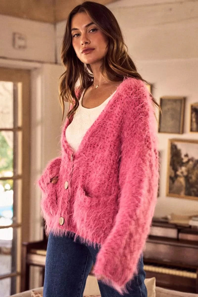 SO ME Soft Touch Hairy Loose Fit Cozy Sweater Cardigan in - photo