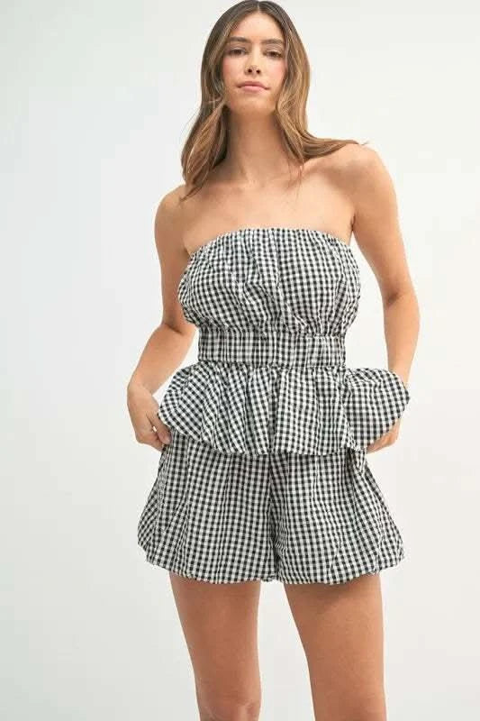 MABLE Gingham Tube Top and Shorts Set in Black - photo