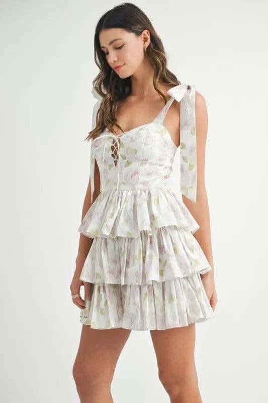 MABLE Floral Print Shoulder Tie Layered Mini Dress in - photo