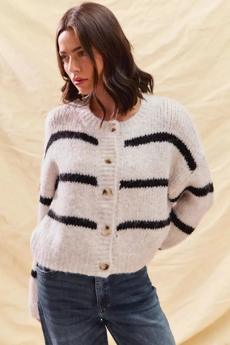 SO ME Stripe Soft Touch Button Cozy Sweater Cardigan in - photo