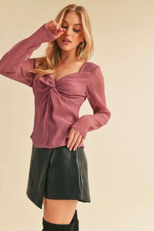 Aemi + Co Twisted Sweetheart Neck Long Sleeve Blouse - SwagglyLife Home & Fashion