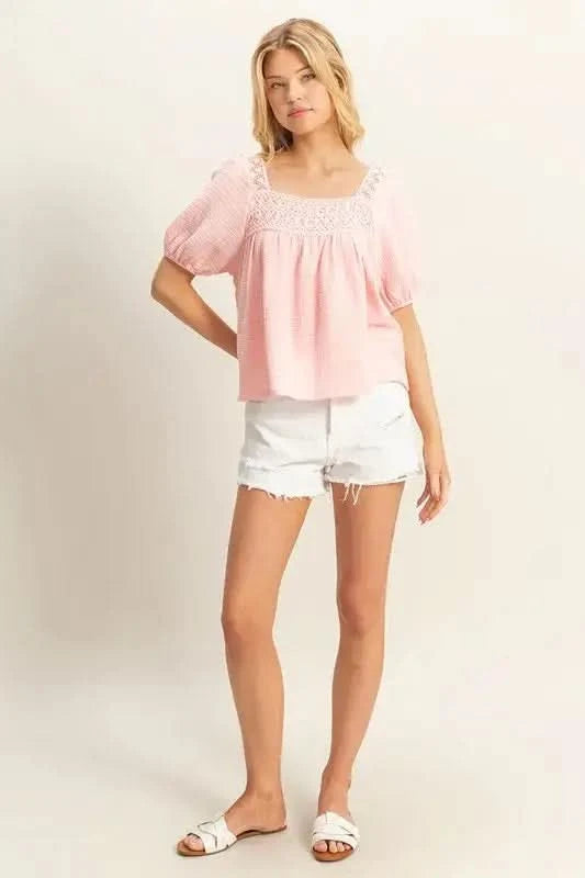 HYFVE Crochet Detail Puff Sleeve Peasant Top - SwagglyLife Home & Fashion