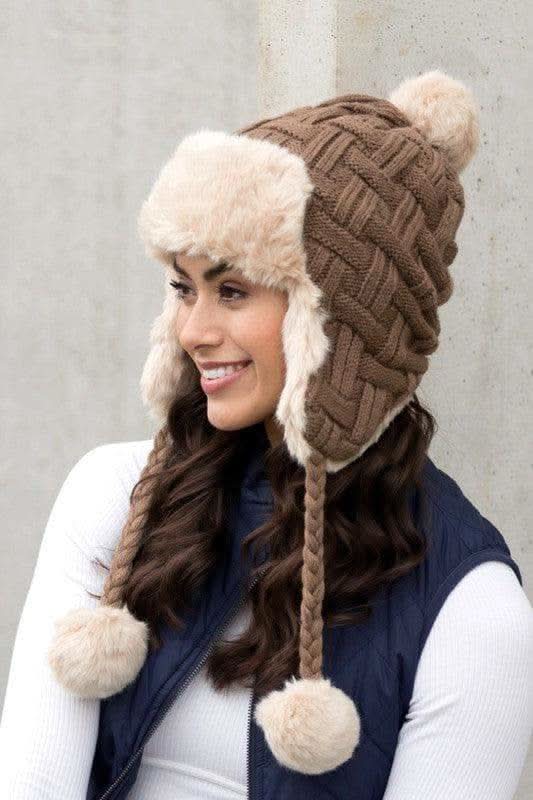 Cable Weave Pom Trapper Hat in Taupe OneSize - Hats photo