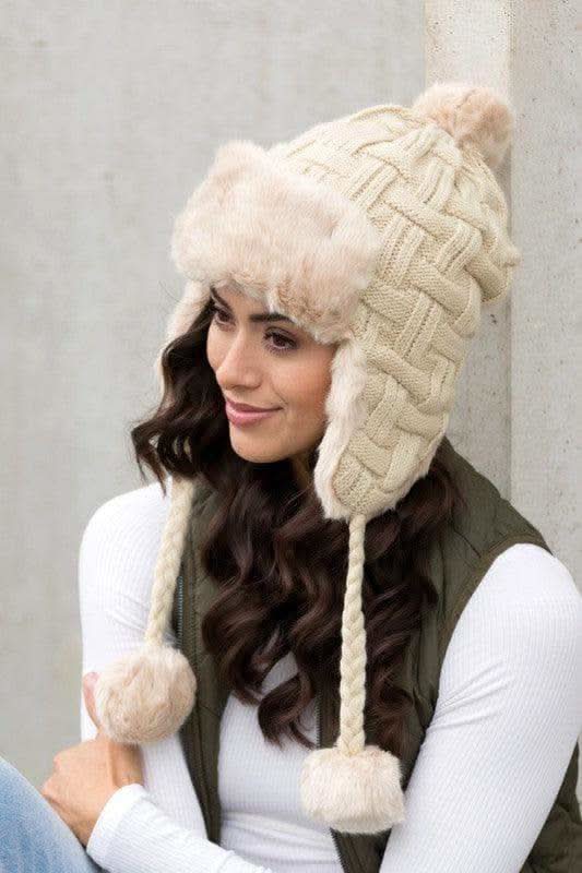 Cable Weave Pom Trapper Hat in Beige OneSize - Hats photo