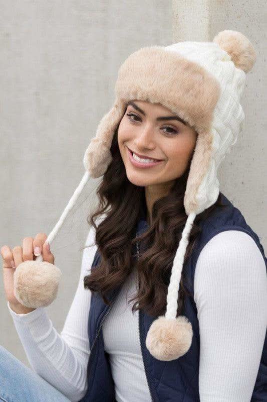 Cable Weave Pom Trapper Hat in Ivory OneSize - Hats photo