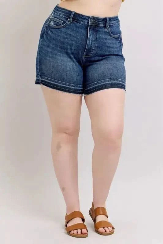 Judy Blue Plus Size HW Tummy Control Destroy Release Hem Denim Shorts - SwagglyLife Home & Fashion