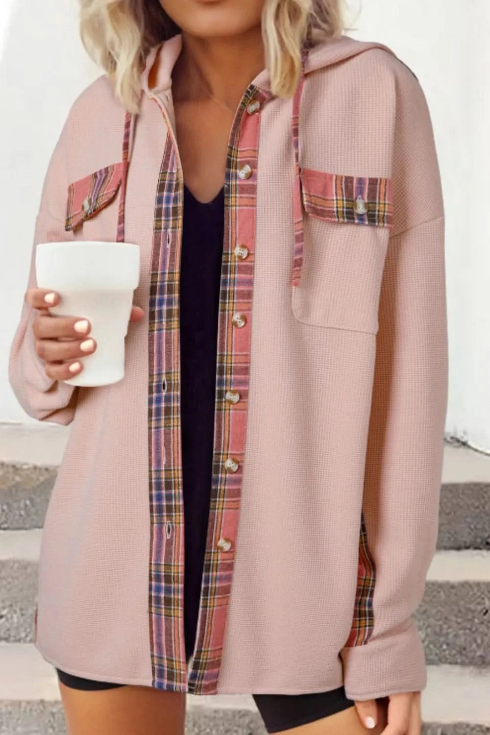 Waffle Knit Plaid Patchwork Drawstring Hooded Shacket in - photo