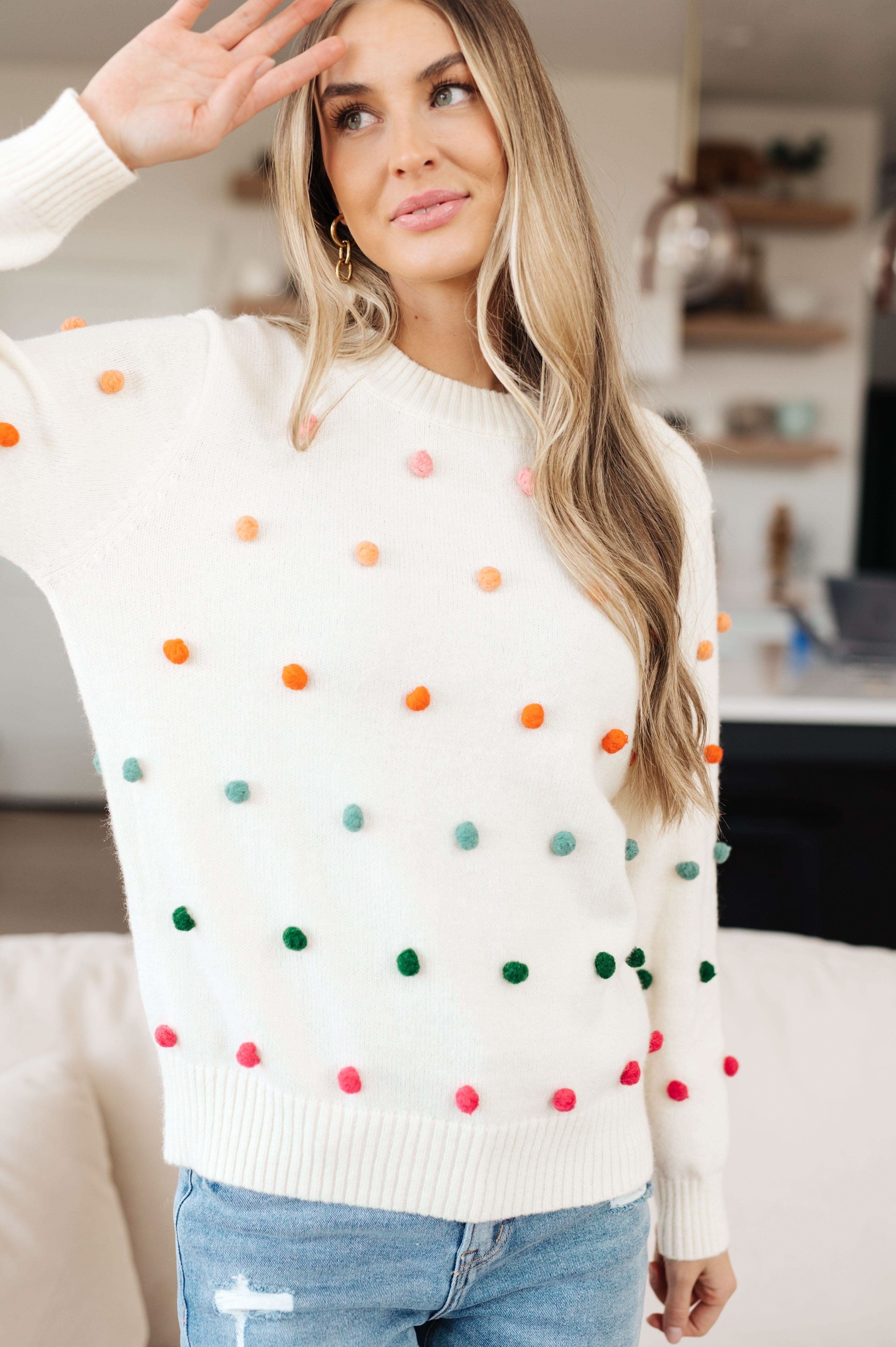 Candy Buttons Pom Detail Sweater - SwagglyLife Home & Fashion Candy Buttons Pom Detail Sweater - SwagglyLife Home & Fashion