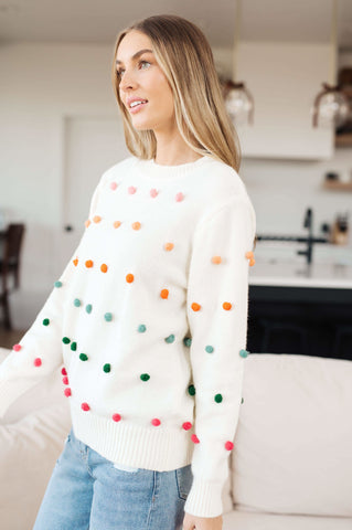 Candy Buttons Pom Detail Sweater - SwagglyLife Home & Fashion Candy Buttons Pom Detail Sweater - SwagglyLife Home & Fashion