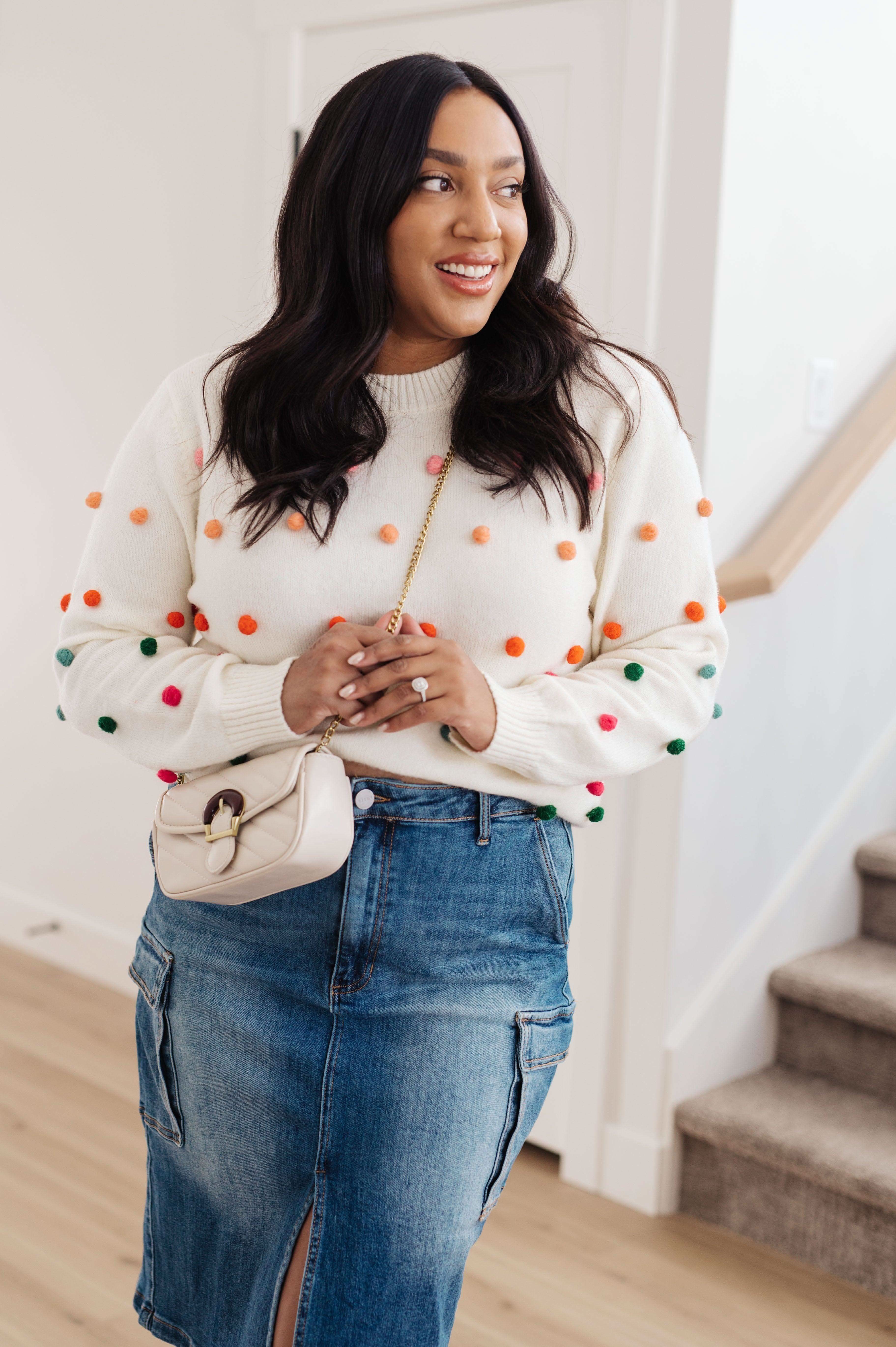 Candy Buttons Pom Detail Sweater - SwagglyLife Home & Fashion Candy Buttons Pom Detail Sweater - SwagglyLife Home & Fashion