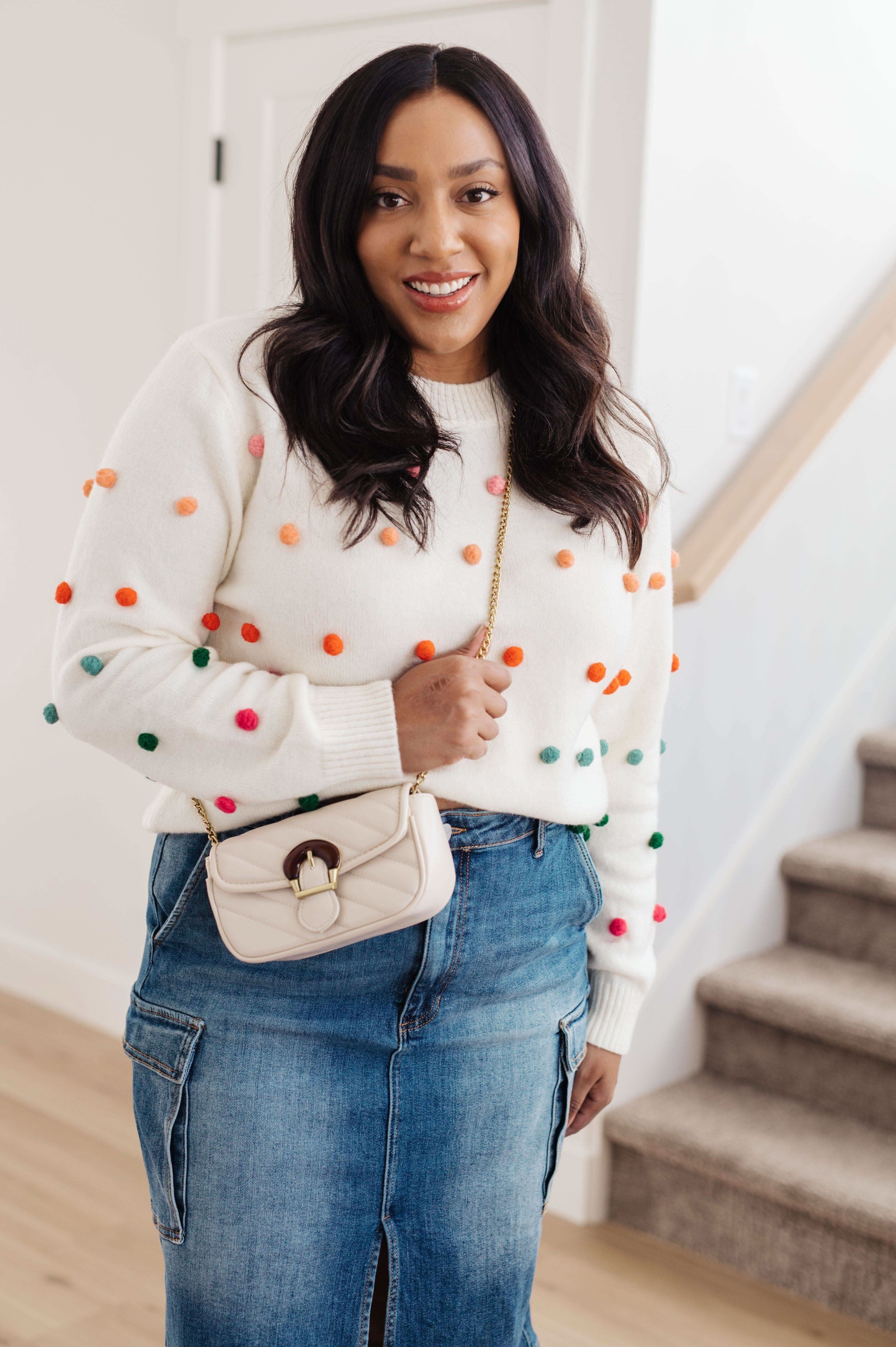 Candy Buttons Pom Detail Sweater - SwagglyLife Home & Fashion Candy Buttons Pom Detail Sweater - SwagglyLife Home & Fashion